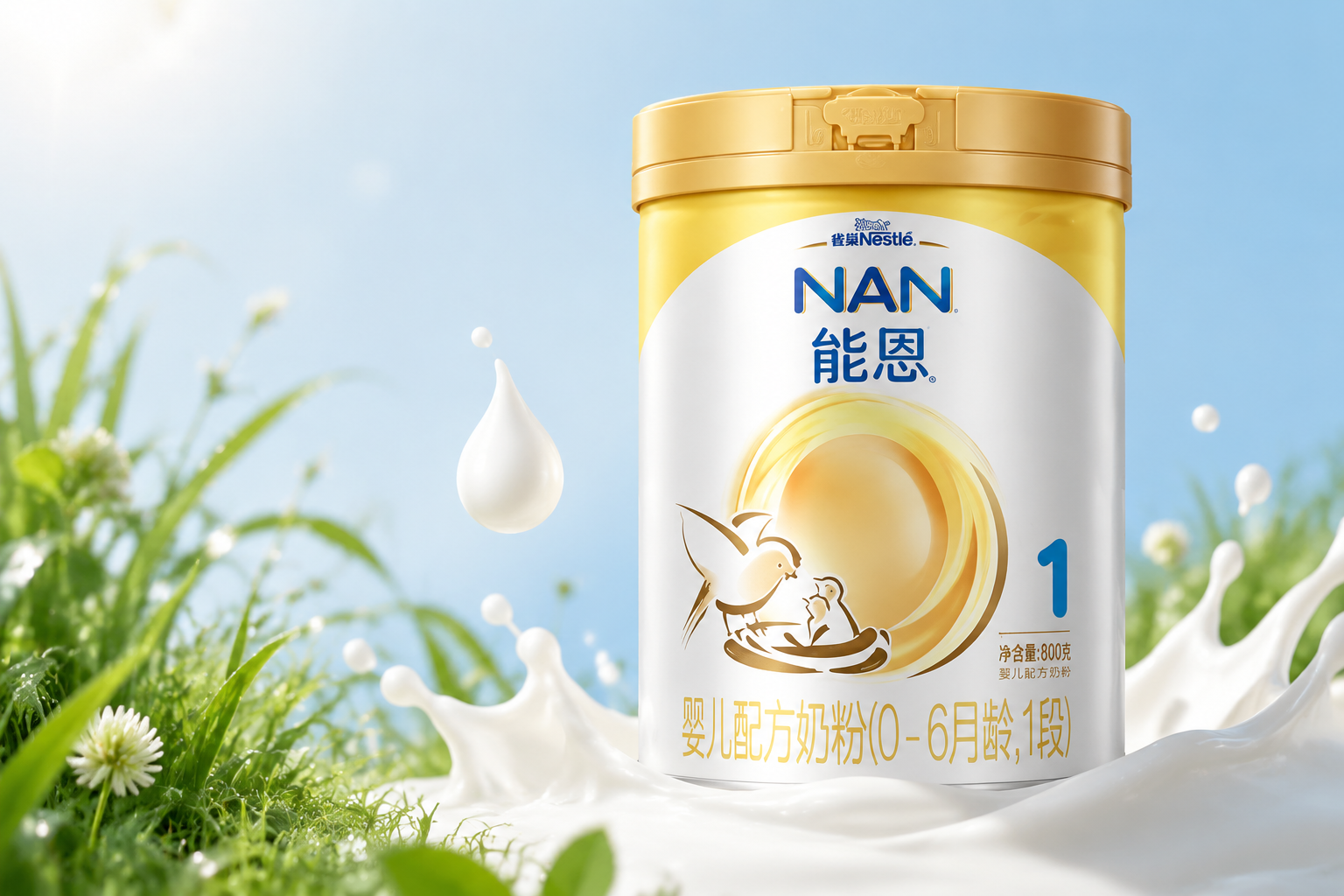 摄影级静物特写，一罐雀巢能恩1段婴儿奶粉放置在纯净的浅蓝色背景中，旁边有绿色的牧草和一滴纯净的牛奶飞溅，画面明亮、温馨，具有母婴产品的高级感和安全感，8k分辨率。