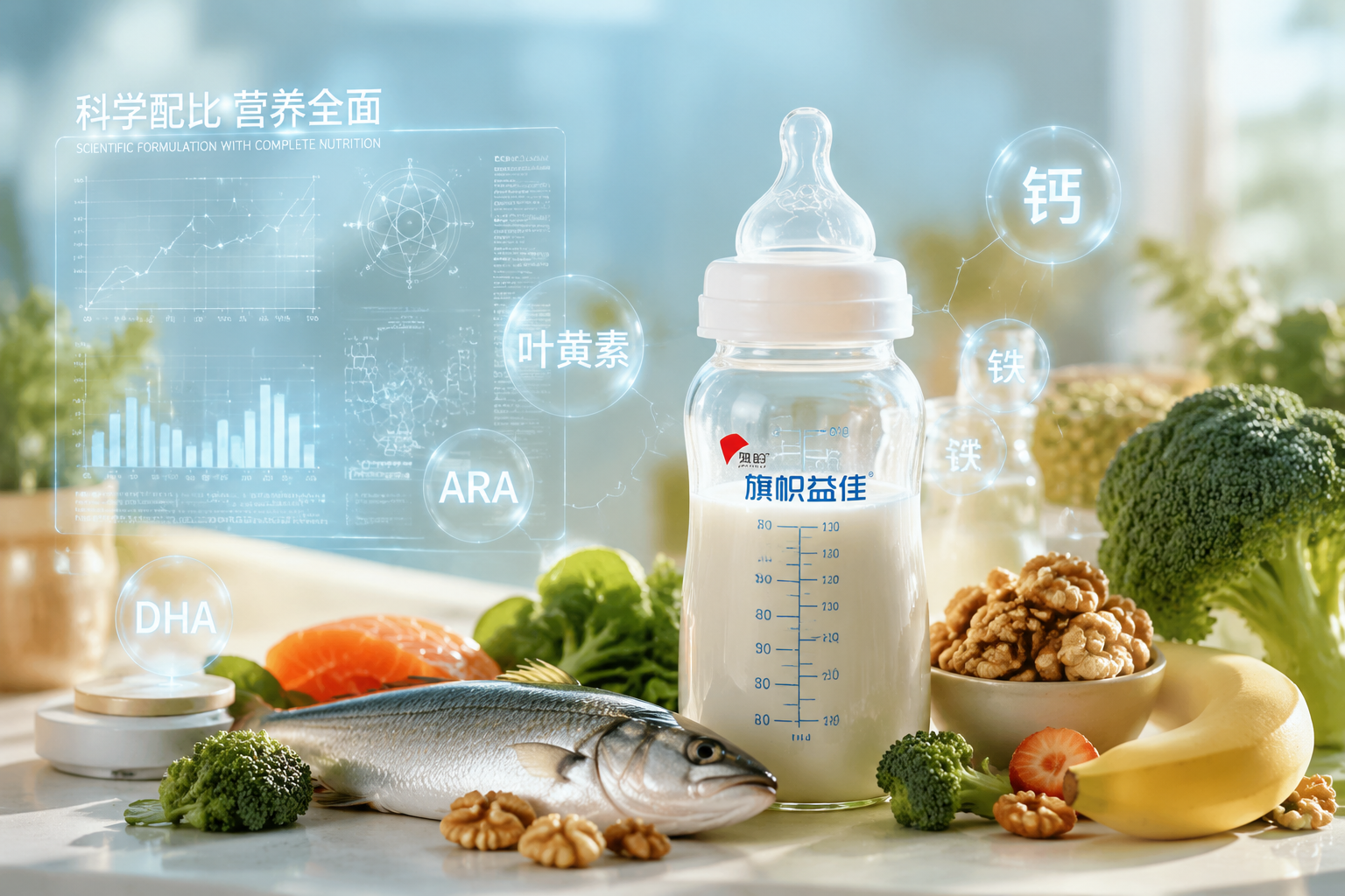 一張高端母嬰風(fēng)格的靜物攝影，畫面中有一個精致的透明玻璃嬰兒奶瓶，旁邊散落著豐富的新鮮食材（如核桃、深海魚模型、新鮮蔬菜如西蘭花、香蕉等），寓意全面的營養(yǎng)元素，背景配有柔和的科學(xué)數(shù)據(jù)全息投影，高級感，自然光效。