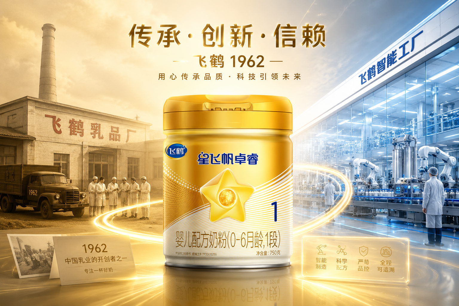 围绕飞鹤品牌历史的创意合成图，背景隐约展现1962年的复古工厂与现代智能化透明工厂的对比，前景放置奶粉罐，象征着品牌的历史传承与现代科技的结合，充满信赖感。