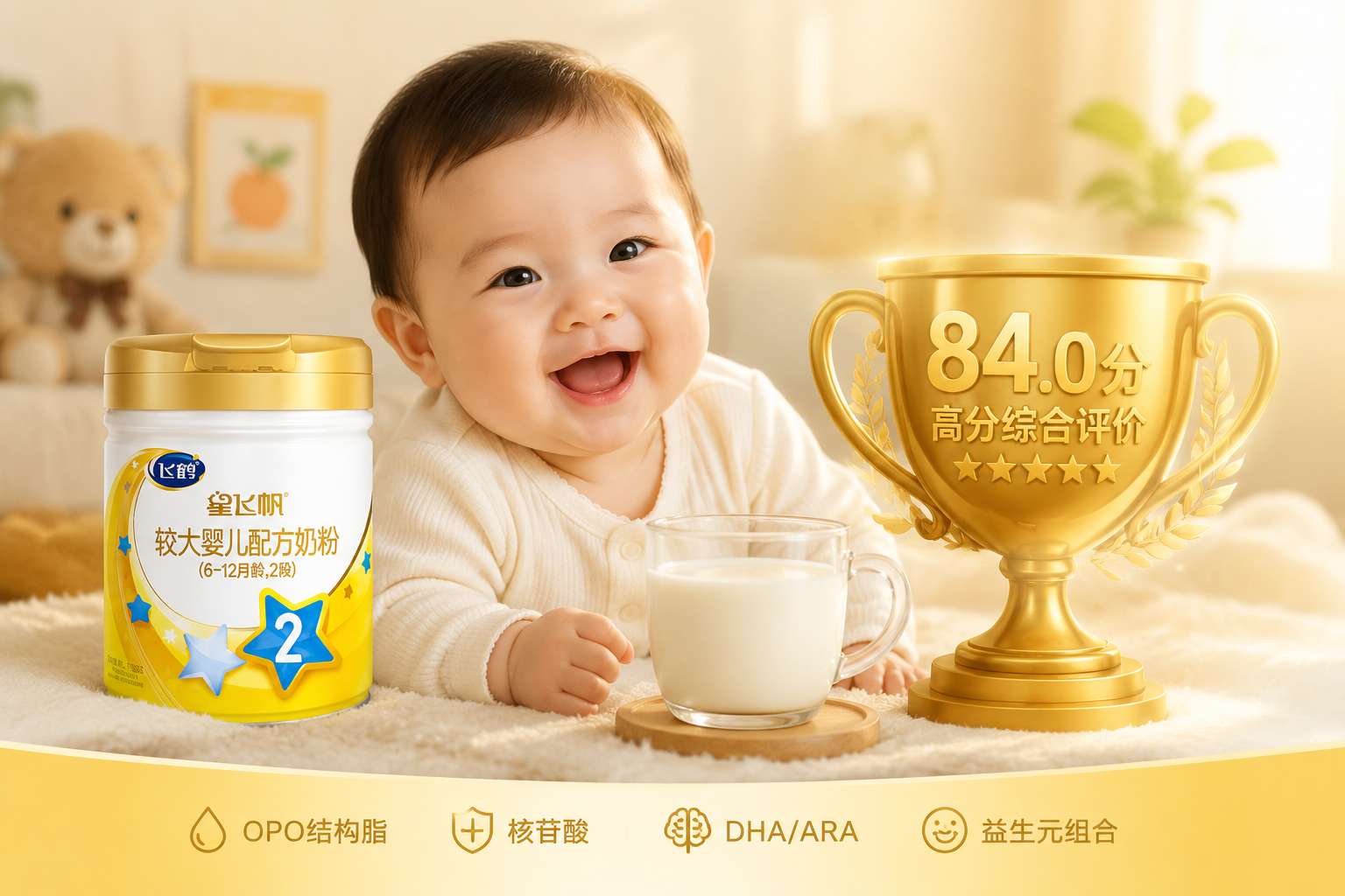 一個(gè)可愛(ài)的6-12個(gè)月中國(guó)寶寶開(kāi)心地笑著，旁邊放著一杯沖泡好的牛奶，畫(huà)面溫馨充滿母愛(ài)。旁邊有一個(gè)金色的立體獎(jiǎng)杯圖標(biāo)，上面寫(xiě)著“84.0分”，代表高分綜合評(píng)價(jià)。