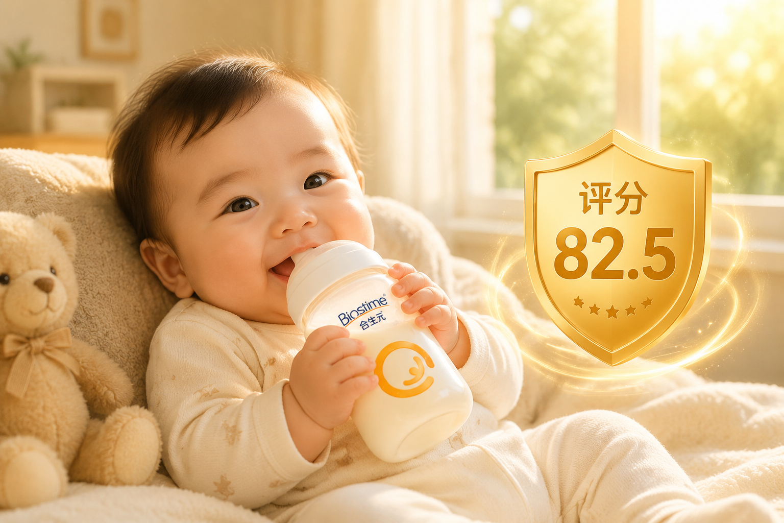 一个可爱的0-6个月大婴儿正开心地抱着奶瓶喝奶，旁边漂浮着一个金色的盾牌图标，上面写着“评分 82.5”，画面温馨治愈，展现出宝宝健康成长的活力，阳光透过窗户洒在宝宝身上。