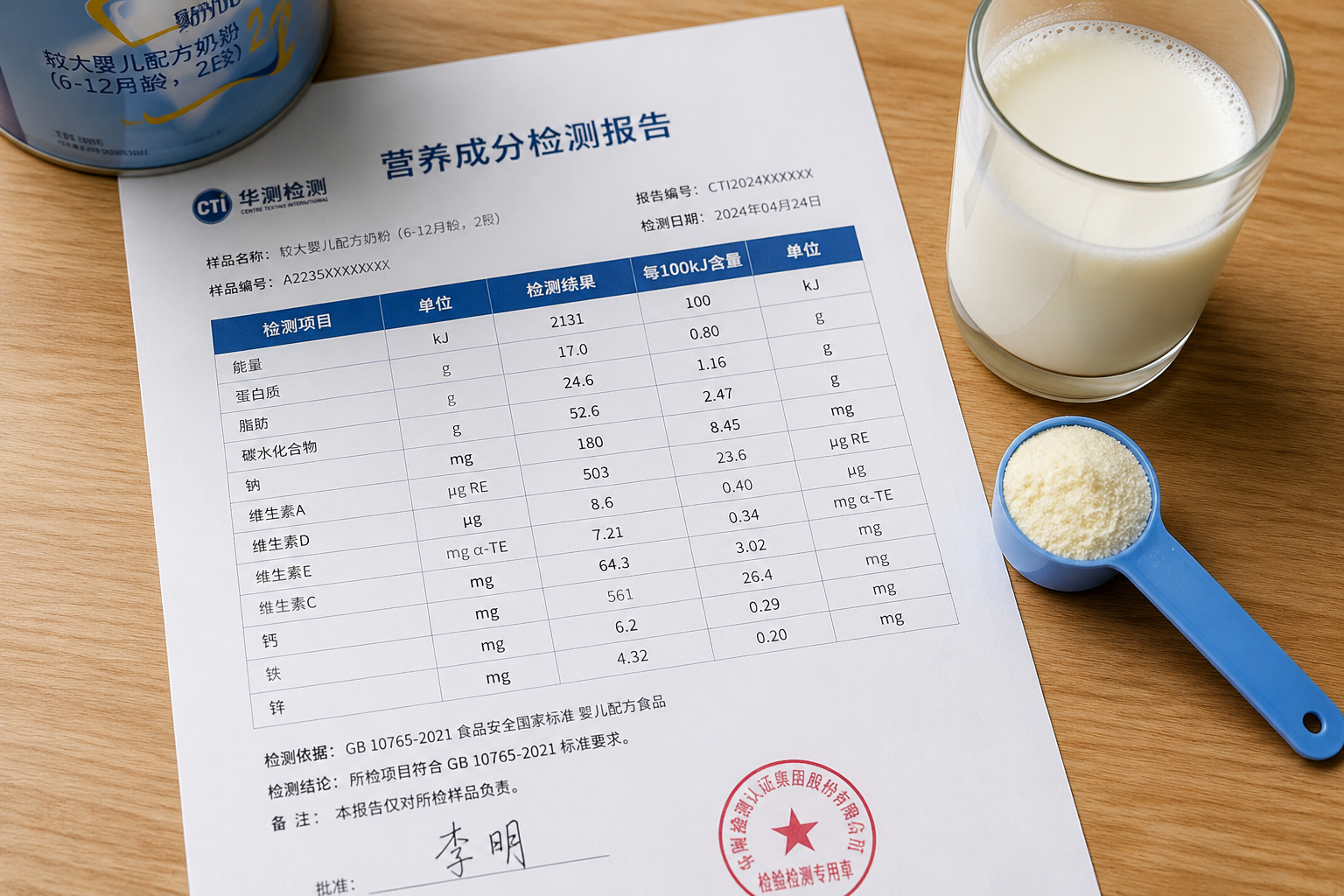 一張整潔的營(yíng)養(yǎng)成分檢測(cè)報(bào)告單放在木桌上，旁邊有一杯沖泡好的牛奶和一把測(cè)量勺。報(bào)告單上有清晰的數(shù)據(jù)表格，光線明亮，微距攝影，展現(xiàn)專業(yè)嚴(yán)謹(jǐn)?shù)臏y(cè)評(píng)氛圍。