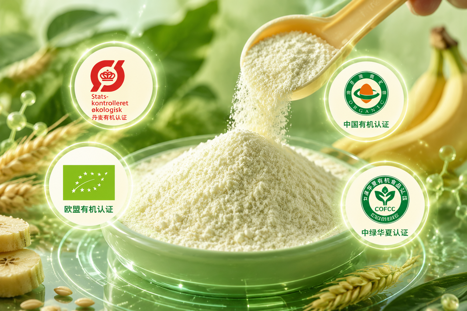 微距摄影，展示奶粉细腻的粉质，画面周围环绕着四个发光的有机认证徽章（丹麦有机、欧盟有机、中国有机、中绿华夏），背景带有提取自天然植物的益生元（香蕉、大麦）的抽象绿色元素，科技与自然的结合。