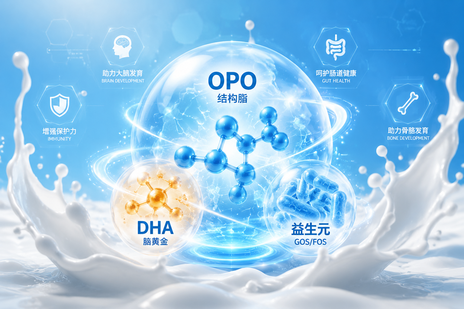 3D科技風(fēng)格的營(yíng)養(yǎng)元素圖標(biāo)，畫(huà)面中心是發(fā)光的OPO結(jié)構(gòu)脂、DHA分子和益生元組合的微觀結(jié)構(gòu)，漂浮在純凈的牛奶飛濺背景上，藍(lán)白色調(diào)，充滿科學(xué)與健康感。
