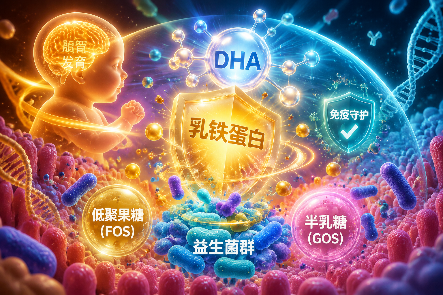 抽象的微觀營養(yǎng)世界，畫面中心是發(fā)光的DHA分子結(jié)構(gòu)、乳鐵蛋白盾牌和腸道益生菌群（低聚果糖/半乳糖）的具象化表達(dá)，色彩豐富且充滿科技感，代表著全面守護(hù)寶寶大腦和免疫系統(tǒng)發(fā)育。
