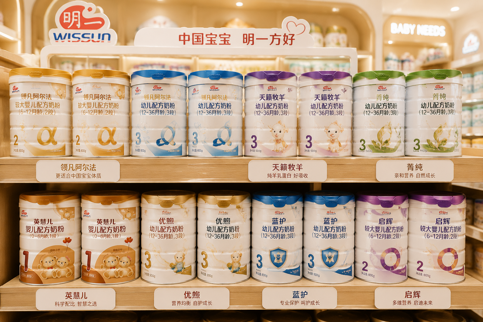 货架上整齐排列的明一品牌家族系列奶粉，包含不同段数和不同系列的包装罐，如领凡阿尔法、天籁牧羊等，背景为高端母婴店的陈列区，灯光温暖，体现品牌丰富的产品线，商业摄影风格。