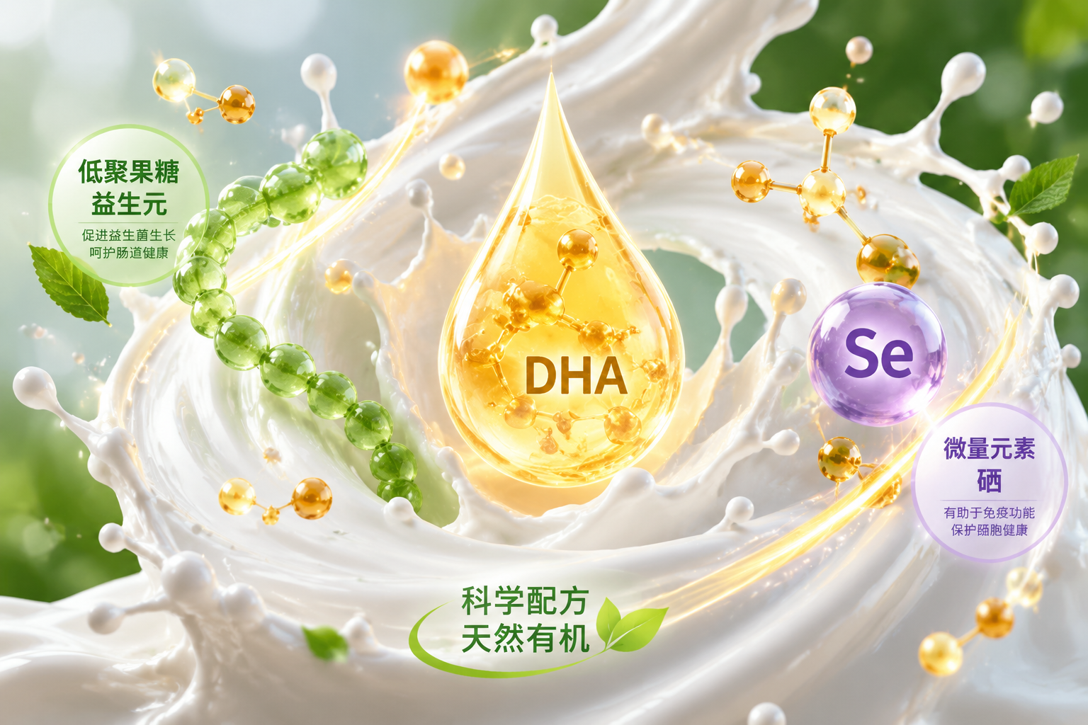 微觀視角的營養(yǎng)成分概念圖，畫面中充滿活力的DHA分子、低聚果糖益生元鏈條以及微量元素硒的粒子，圍繞著純白的牛奶飛濺效果旋轉(zhuǎn)，將科學(xué)配方與天然有機(jī)完美融合，色彩鮮明，充滿生命力。