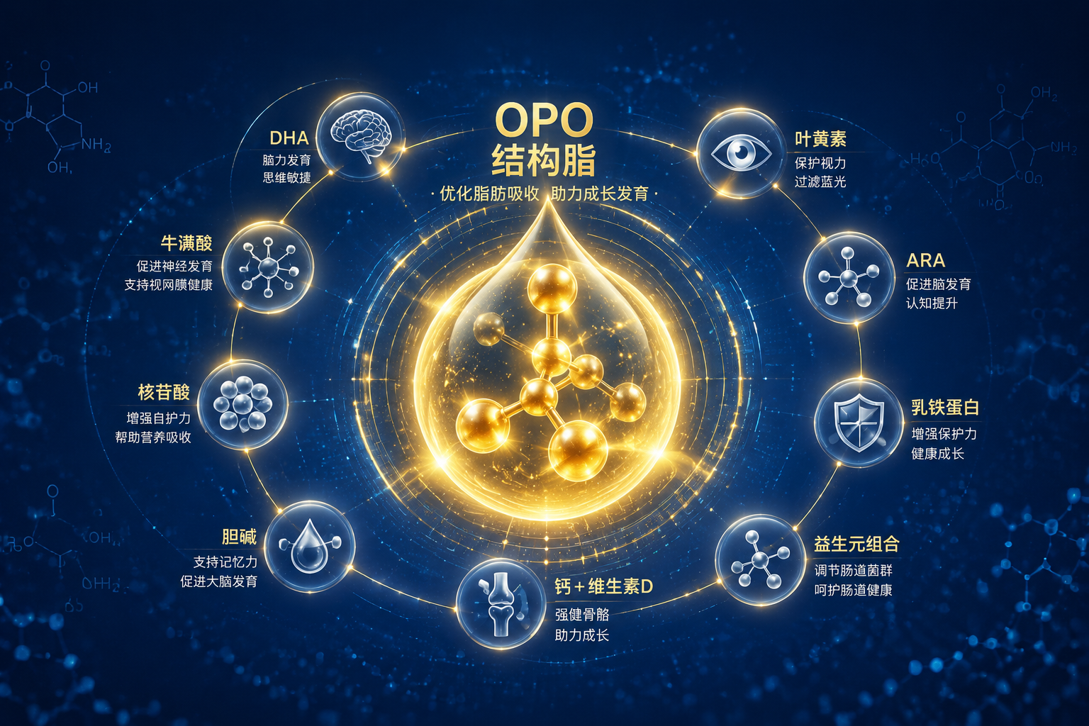 充满科技感的分子结构图，画面中心是一个发光的金色OPO结构脂分子，周围环绕着DHA、叶黄素等营养元素的图标，背景为深蓝色，体现高端配方的科学性与全面性。