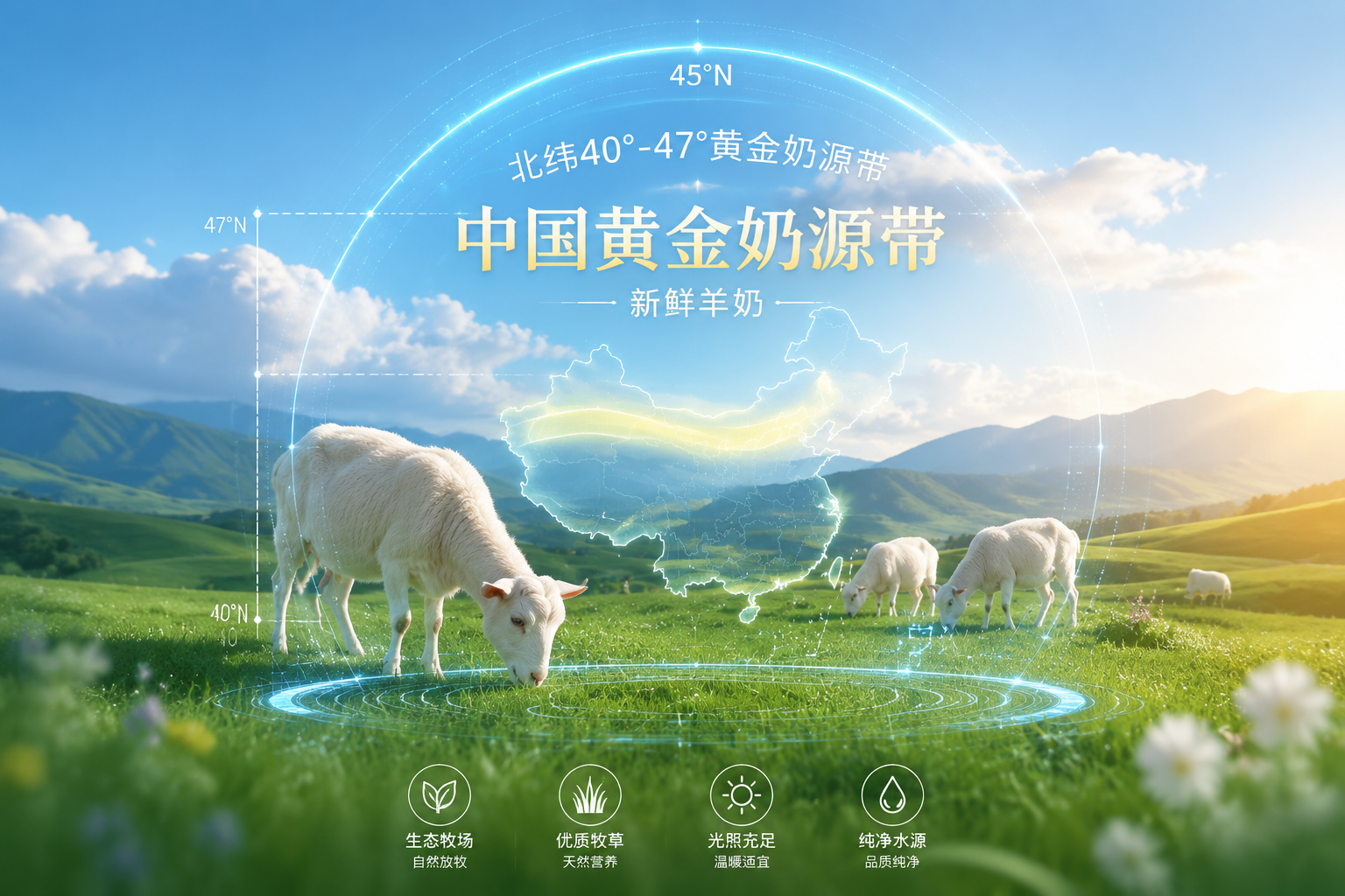 一张展示北纬40°-47°黄金奶源带的唯美风景图。广袤的绿色草原上，阳光明媚，几只健康的奶羊在悠闲地吃草。画面带有地图坐标的科技感光环，突出“中国黄金奶源带”和“新鲜羊奶”的概念。