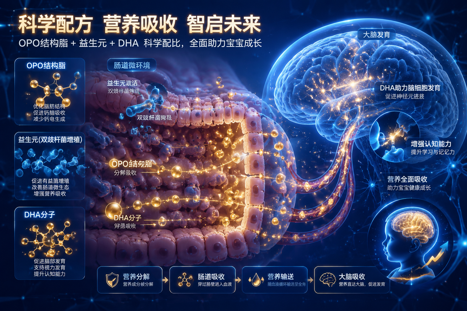 充滿(mǎn)科技感的3D微觀細(xì)胞結(jié)構(gòu)圖，展示OPO結(jié)構(gòu)脂分子、益生元（雙歧桿菌增殖）和DHA分子在腸道和大腦中的吸收過(guò)程，發(fā)光的粒子效果，藍(lán)色和金色的主色調(diào)，體現(xiàn)科學(xué)配方與營(yíng)養(yǎng)吸收。