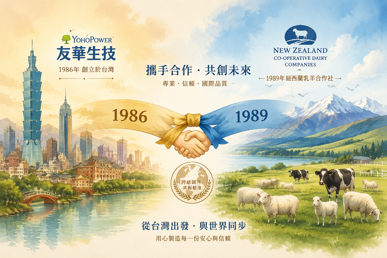 展现品牌历史的插画风格图片。画面左侧是中国台湾的城市剪影（代表友华生技），右侧是新西兰纯净的牧场和羊群/牛群（代表新西兰乳羊合作社），中间用一条纽带连接，标有“1986”和“1989”的年份字样，体现品牌的悠久历史与国际合作。