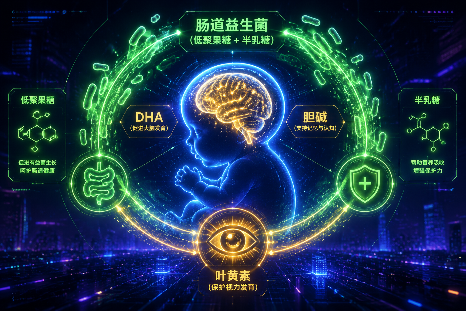 抽象的婴儿健康发育概念图，画面中心是一个发光的婴儿大脑轮廓（代表DHA和胆碱），周围环绕着代表肠道益生菌的绿色光环（代表低聚果糖和半乳糖），以及明亮的眼睛图标（代表叶黄素），赛博朋克风格的发光线条，科技感十足。