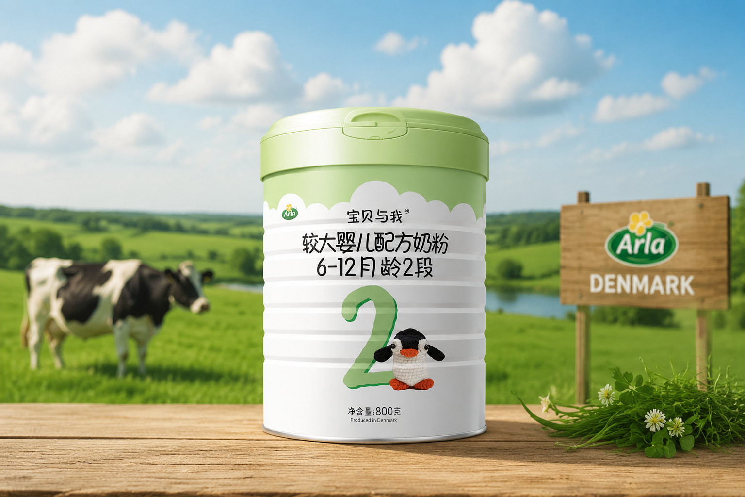 攝影級(jí)真實(shí)感，一罐Arla寶貝與我有機(jī)奶粉放置在原木桌面上，背景是虛化的丹麥陽(yáng)光牧場(chǎng)與藍(lán)天白云，高端大氣，明亮自然光，展現(xiàn)有機(jī)與純凈的質(zhì)感。