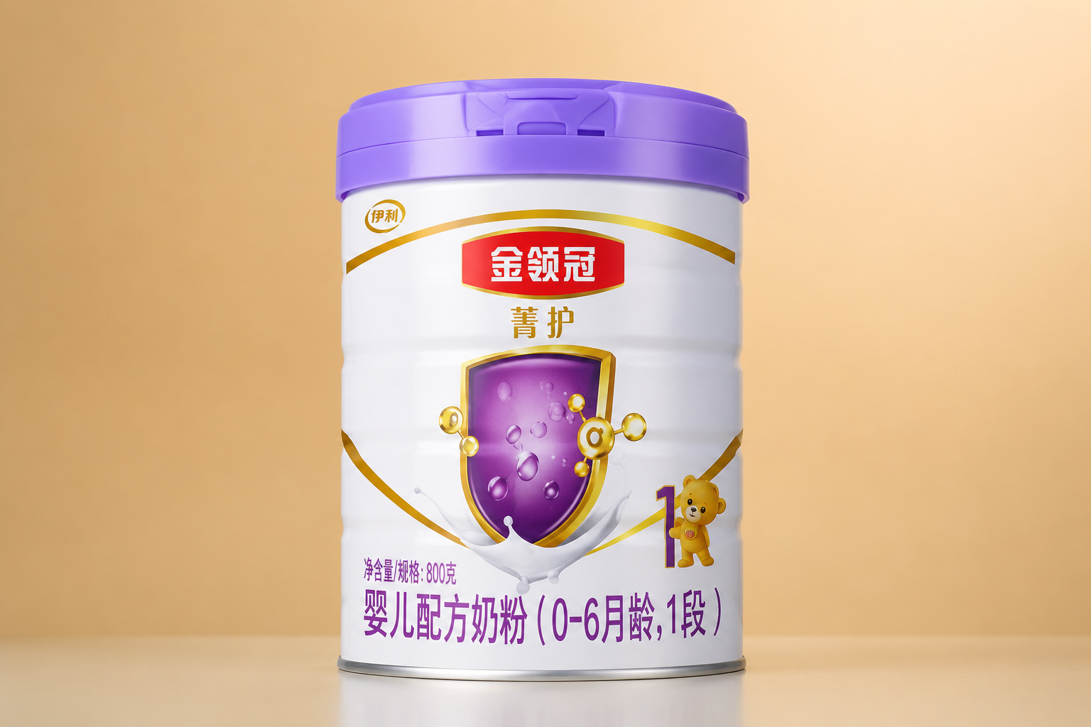 摄影棚级静物摄影，一罐伊利金领冠菁护1段奶粉放置在纯色高级背景前，打光柔和，突出奶粉罐的质感和品牌Logo，画面清晰，专业测评风格。