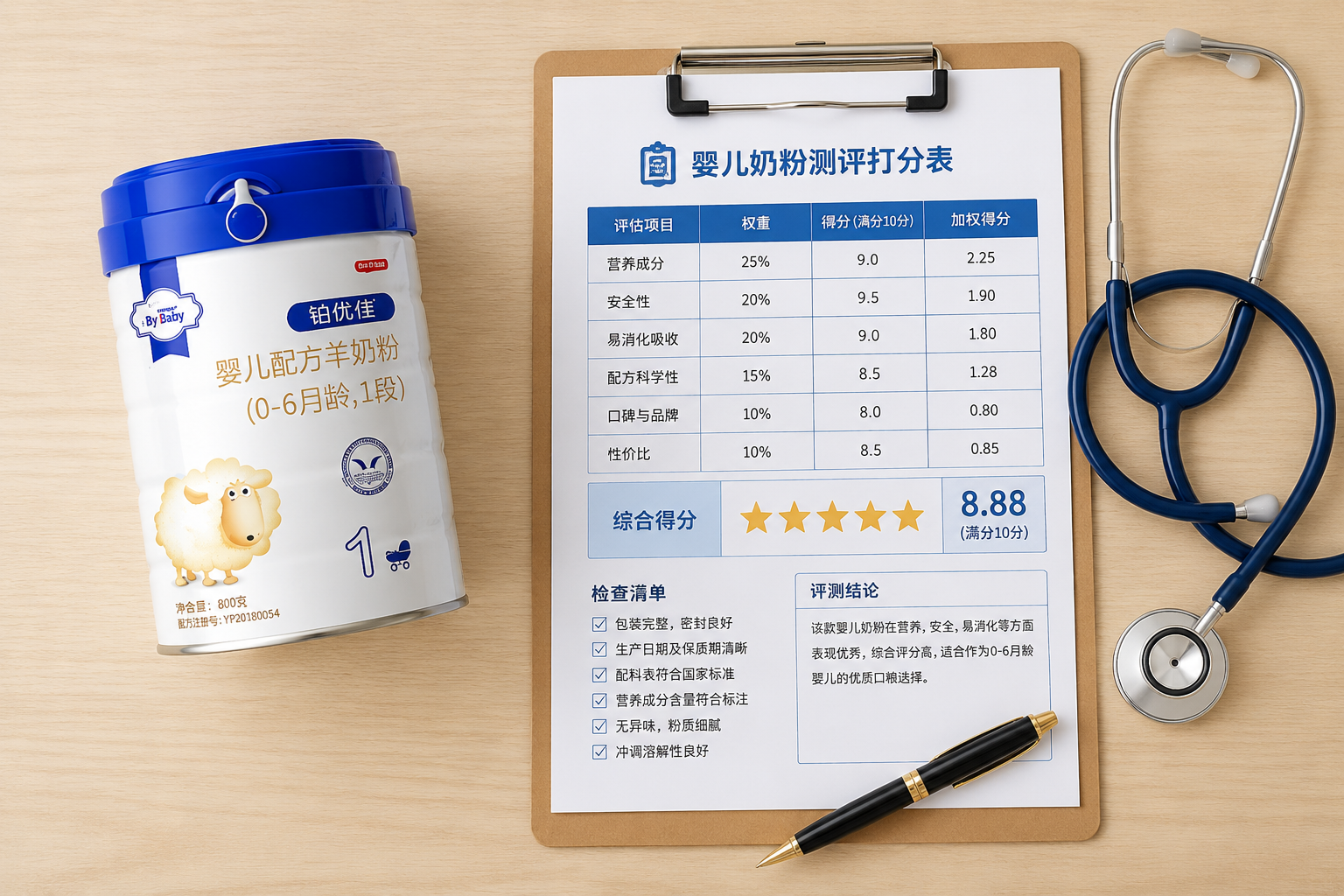 一罐婴儿奶粉放置在桌面上，旁边有一块带有打分表和检查清单的写字板，一支钢笔和一副听诊器，象征着专业的医疗级测评和最终打分总结，俯视视角，自然柔和的光线。
