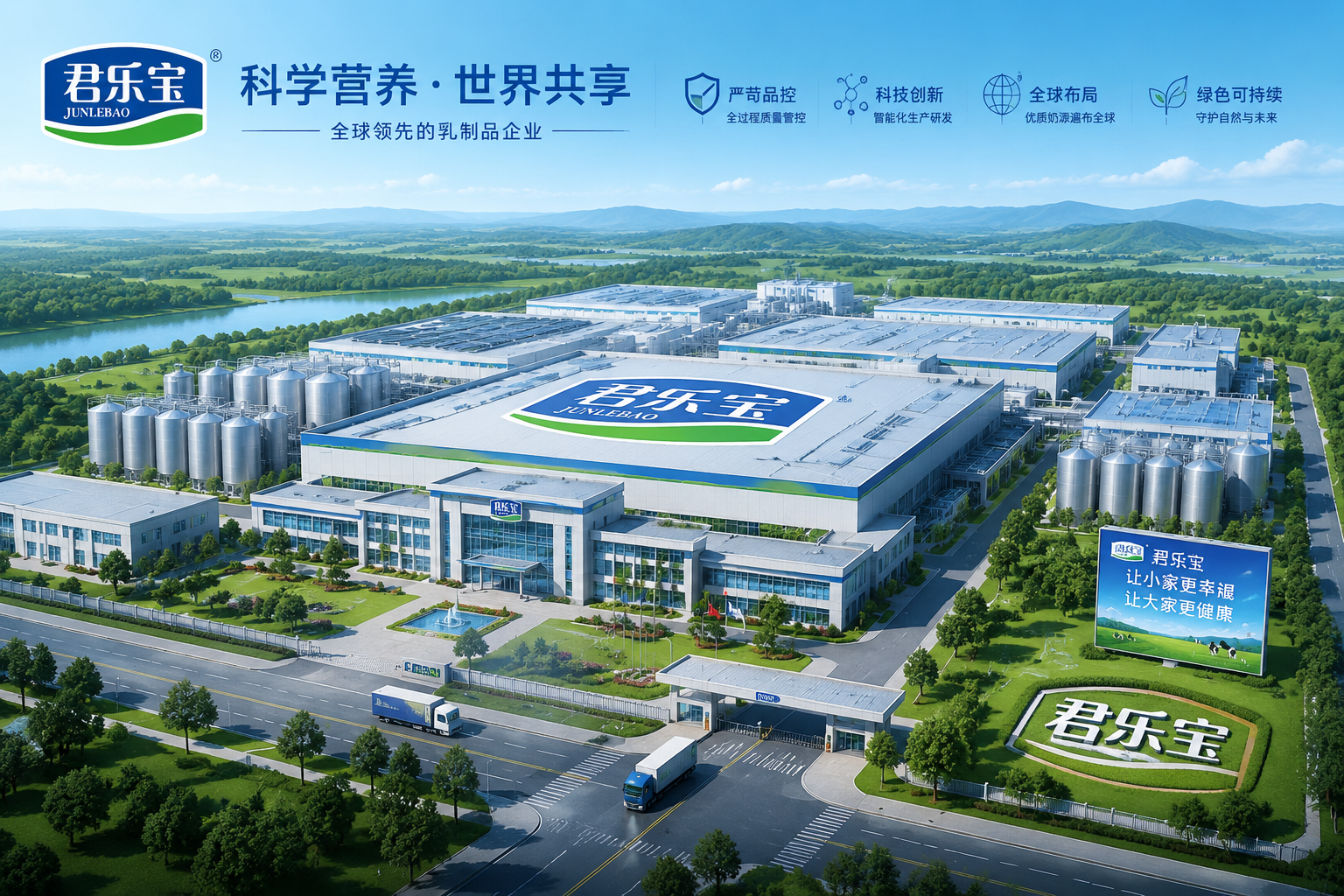 現(xiàn)代化的乳業(yè)工廠鳥瞰圖，結(jié)合君樂寶品牌Logo的元素，展現(xiàn)出大品牌的雄厚實(shí)力、嚴(yán)苛品控與科技感。