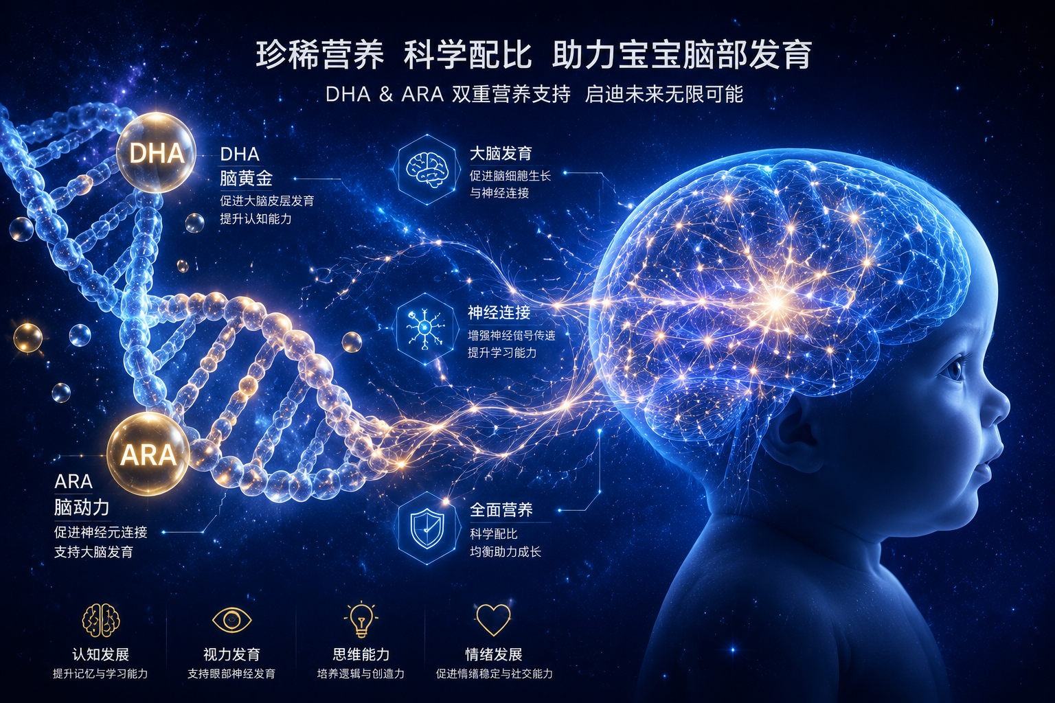 高科技感的配方解析視覺圖，DNA雙螺旋結(jié)構(gòu)和發(fā)光的大腦突觸神經(jīng)網(wǎng)相連，背景是深藍色星空，代表DHA、ARA等特殊營養(yǎng)成分對寶寶腦部和神經(jīng)系統(tǒng)發(fā)育的強大助力作用。