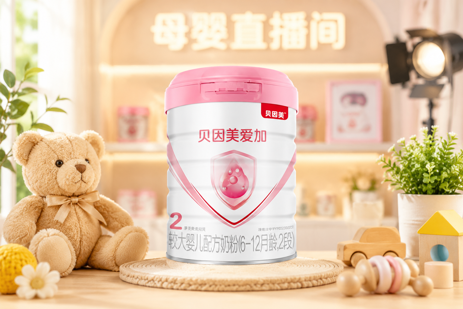 一罐贝因美爱加奶粉的高清产品主图，放置在温馨的母婴直播间背景中，周围有柔和的打光，旁边点缀着一些可爱的婴儿玩具和绿植，画面明亮、专业、充满信任感，摄影棚级光影。