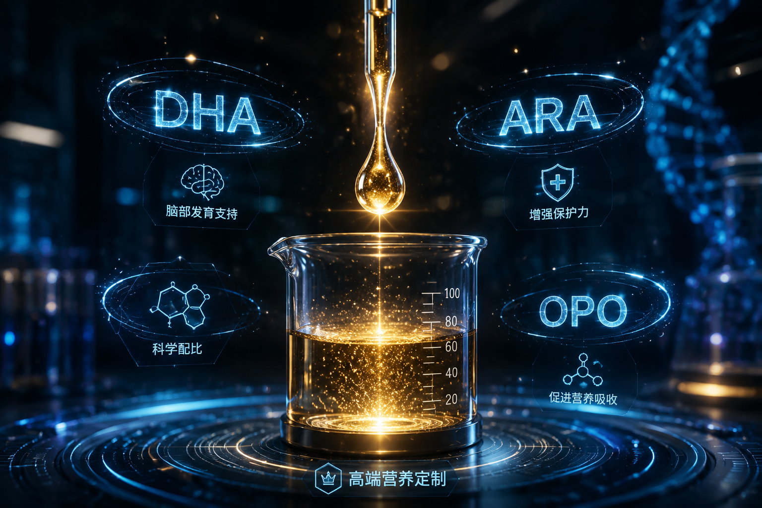 高级实验室的烧杯中提取出金色的一滴精华，周围漂浮着“DHA”、“ARA”、“OPO”等全息投影文字，背景深邃，充满未来科技感与高端营养定制的氛围。