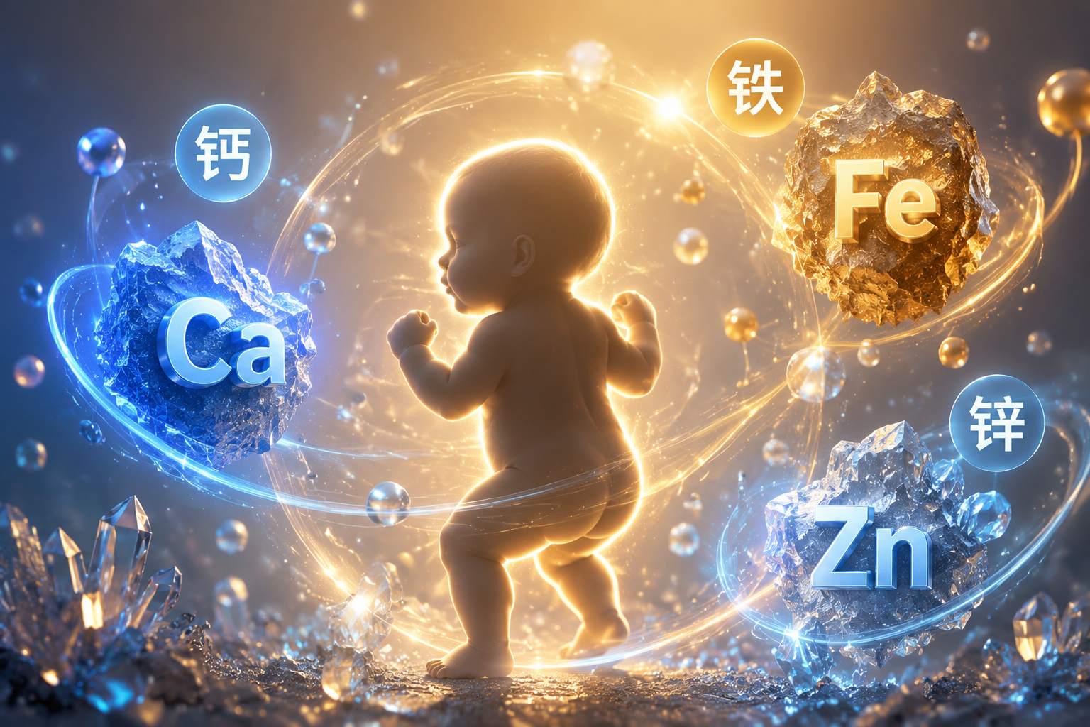 宏观视角的微量元素概念图，画面包含钙、铁、锌的化学符号或发光的矿石结晶，围绕着一个健康的婴儿剪影，寓意矿物质强健体魄，高质感3D渲染。