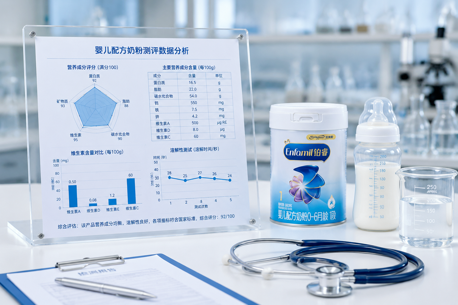 科学实验室桌面，上面有一张带有清晰数据图表的透明亚克力板，旁边放着一个婴儿奶瓶、听诊器和量杯，专业测评风格，明亮干净的实验室灯光，高细节。