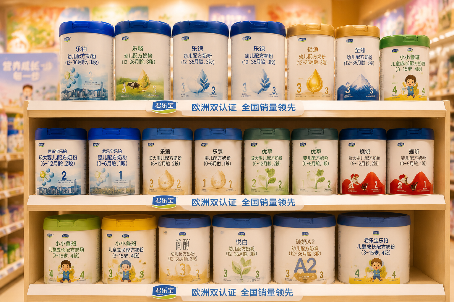 超市货架上整齐排列着君乐宝各个系列和段数的奶粉罐，背景虚化，突出品牌产品线的丰富多样，色调温馨。
