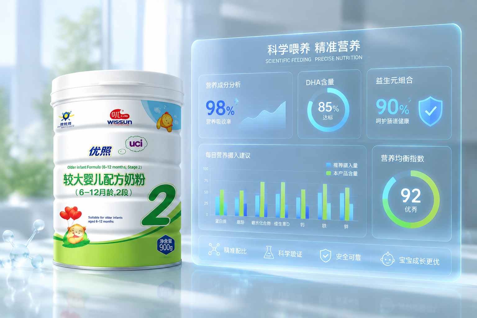 一張現(xiàn)代科技感的數(shù)據(jù)圖表設(shè)計，半透明的圖表面板懸浮在奶粉罐旁邊，上面有跳動的營養(yǎng)數(shù)值、柱狀圖和圓形進度條，突出科學(xué)喂養(yǎng)和精準營養(yǎng)的概念，光影清新透亮。