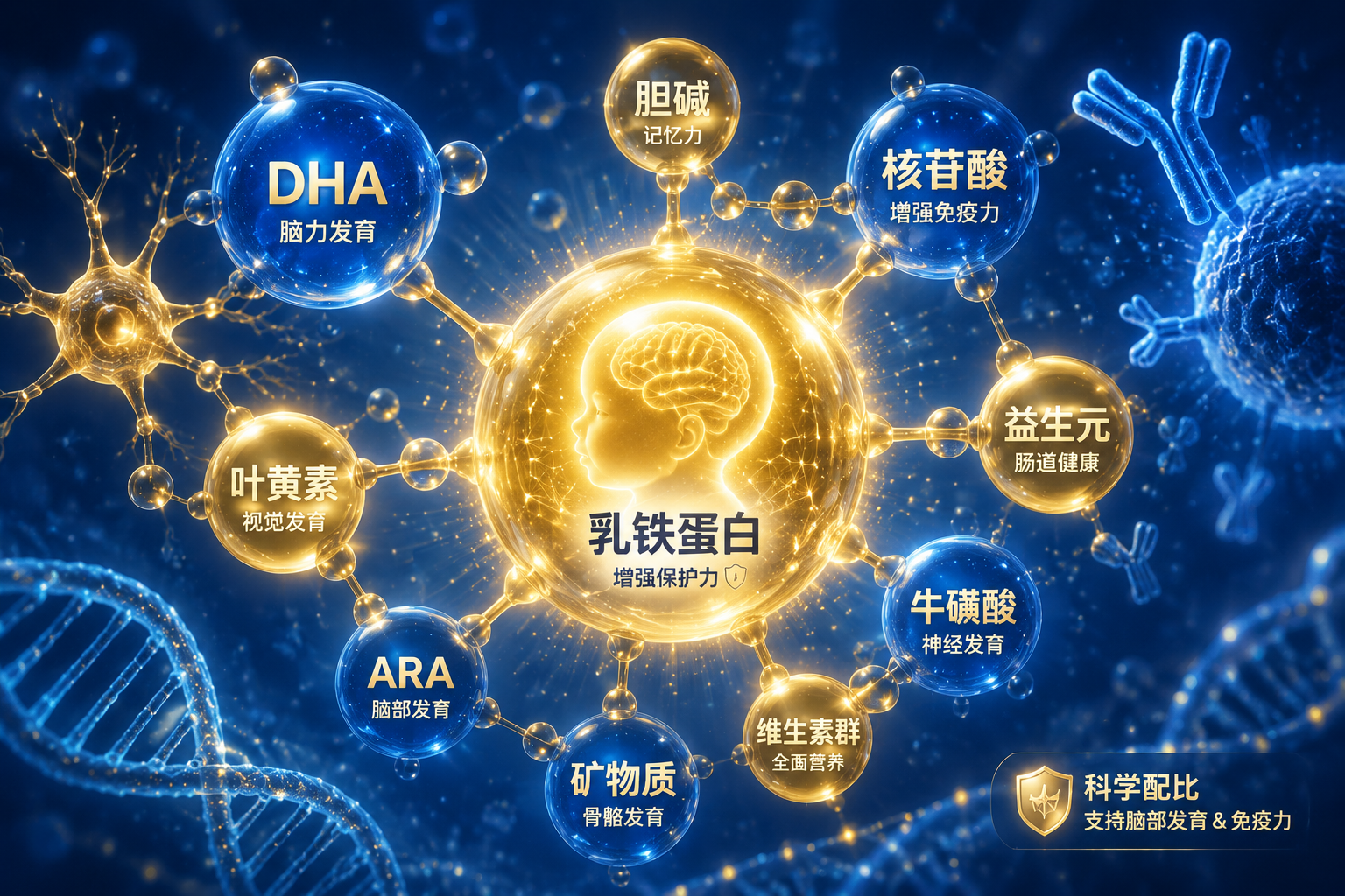 顯微鏡下的分子結(jié)構(gòu)概念圖，展示DHA、核苷酸、葉黃素等多種營養(yǎng)元素匯聚發(fā)光，色彩以金色和藍(lán)色為主，充滿科技感與生命力，寓意嬰兒奶粉中豐富的腦部和免疫力營養(yǎng)配方。