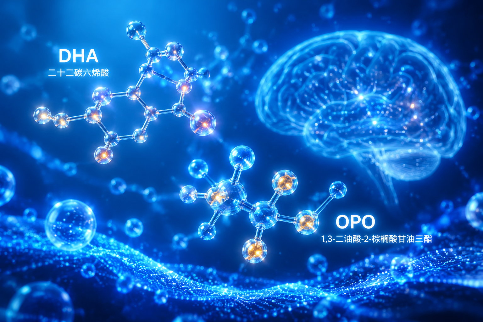 充满科技感的微观分子结构图，发光的DHA分子和OPO分子在蓝色的背景中漂浮，象征着大脑发育和营养吸收，3D渲染，高质感，精美细致。