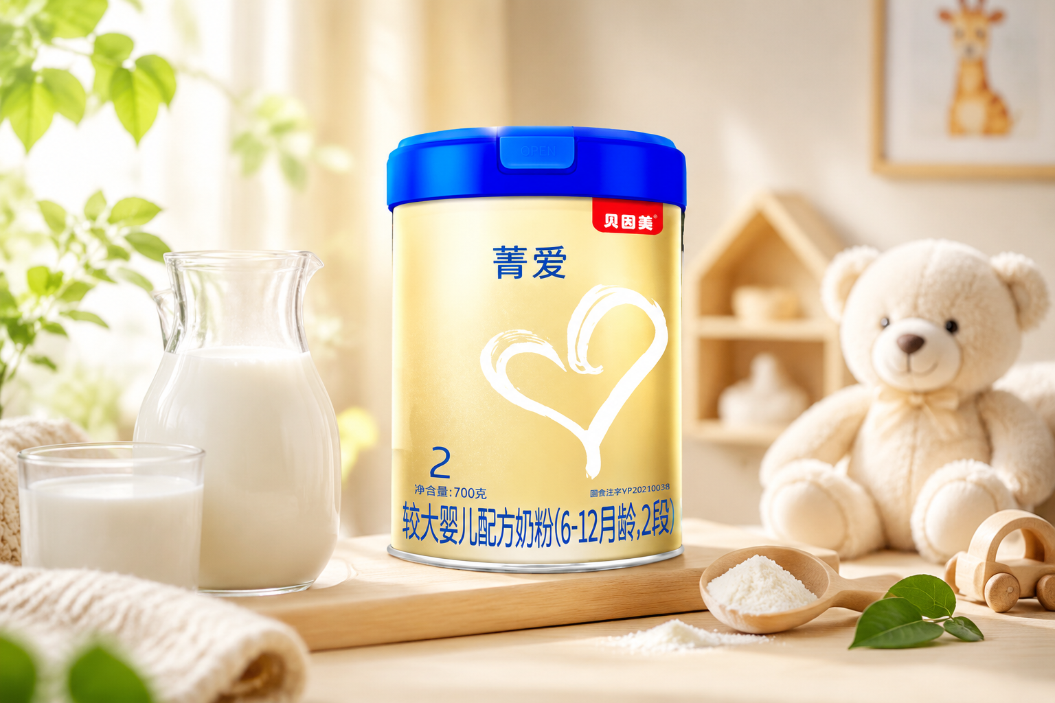 一罐贝因美菁爱A2奶粉2段的高清产品图，放置在温馨的母婴环境中，背景有柔和的自然光，旁边点缀着一些新鲜的牛奶元素和绿叶，展现出天然、纯净的质感，商业摄影风格，8k分辨率。