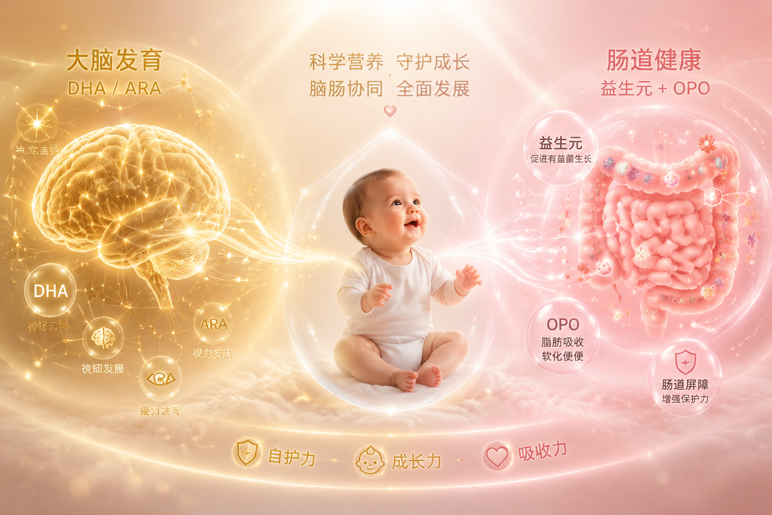 婴儿大脑发育和肠道健康的抽象概念图，左侧是发光的金色大脑网络（代表DHA/ARA），右侧是温暖粉色的肠道微生态（代表益生元和OPO），中间用柔和的光束连接，充满母婴科技感。