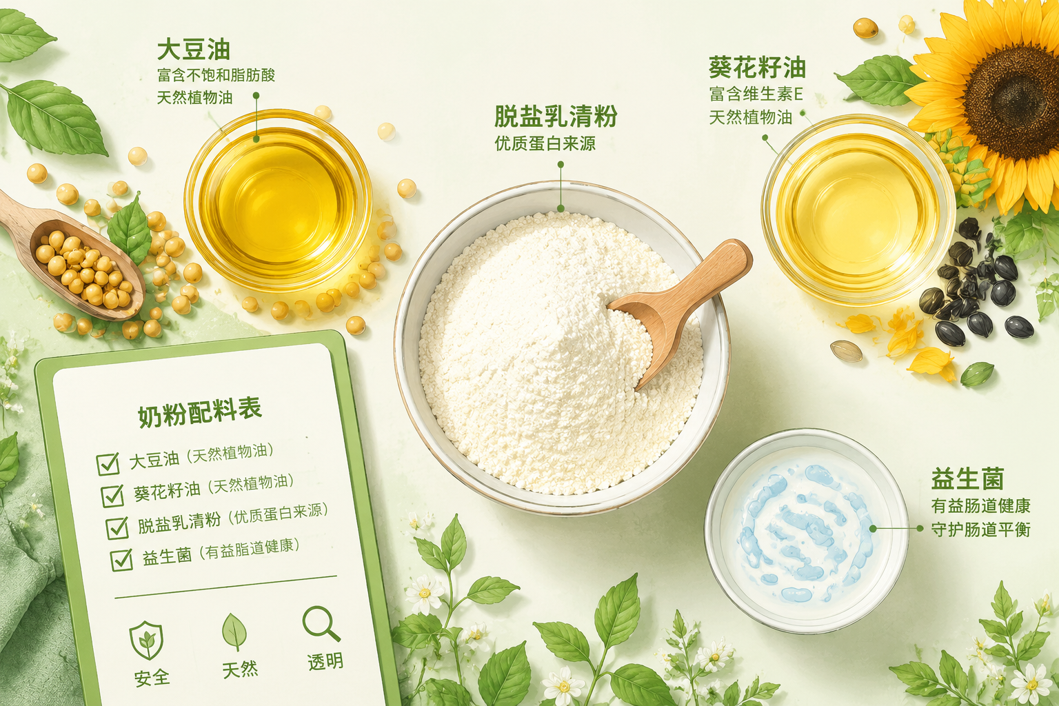 俯視視角的各種純天然植物油（如大豆油、葵花籽油）、脫鹽乳清粉和益生菌成分的插畫風(fēng)格靜物組合，干凈清新的色調(diào)，展示奶粉配料表的安全與健康透明度。