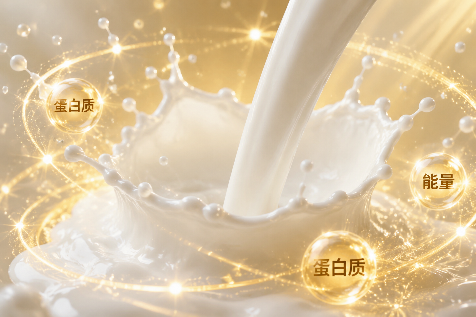 飞溅的纯白牛奶，周围环绕着代表蛋白质和能量的金色光芒，画面纯净、充满活力和健康感，微距摄影，高清晰度。