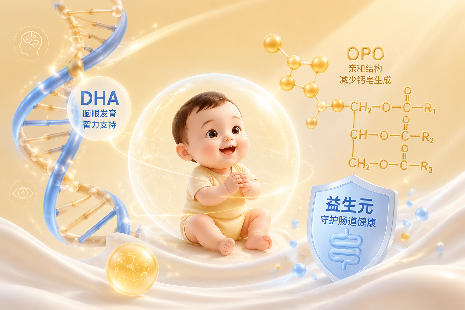 充满科技感的母婴营养元素插画，画面中包含DHA双螺旋结构、OPO分子式、以及代表肠道健康的益生元盾牌，色彩柔和温馨，适合母婴博主配图，3D渲染风格。