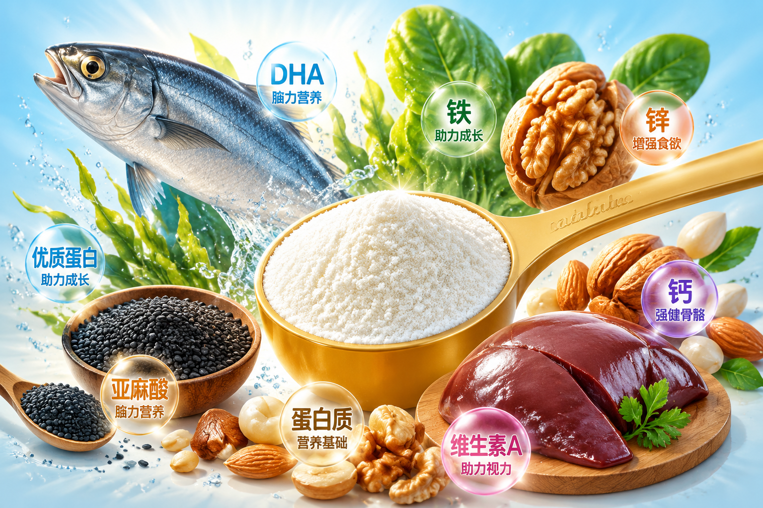 丰富的食物成分插画，包括深海鱼、核桃、菠菜、芝麻、动物肝脏、坚果，围绕着一勺洁白细腻的奶粉，色彩鲜艳清晰，展示矿物质和强化营养（铁锌钙、DHA等）的天然来源，清新自然风格，高光细节。