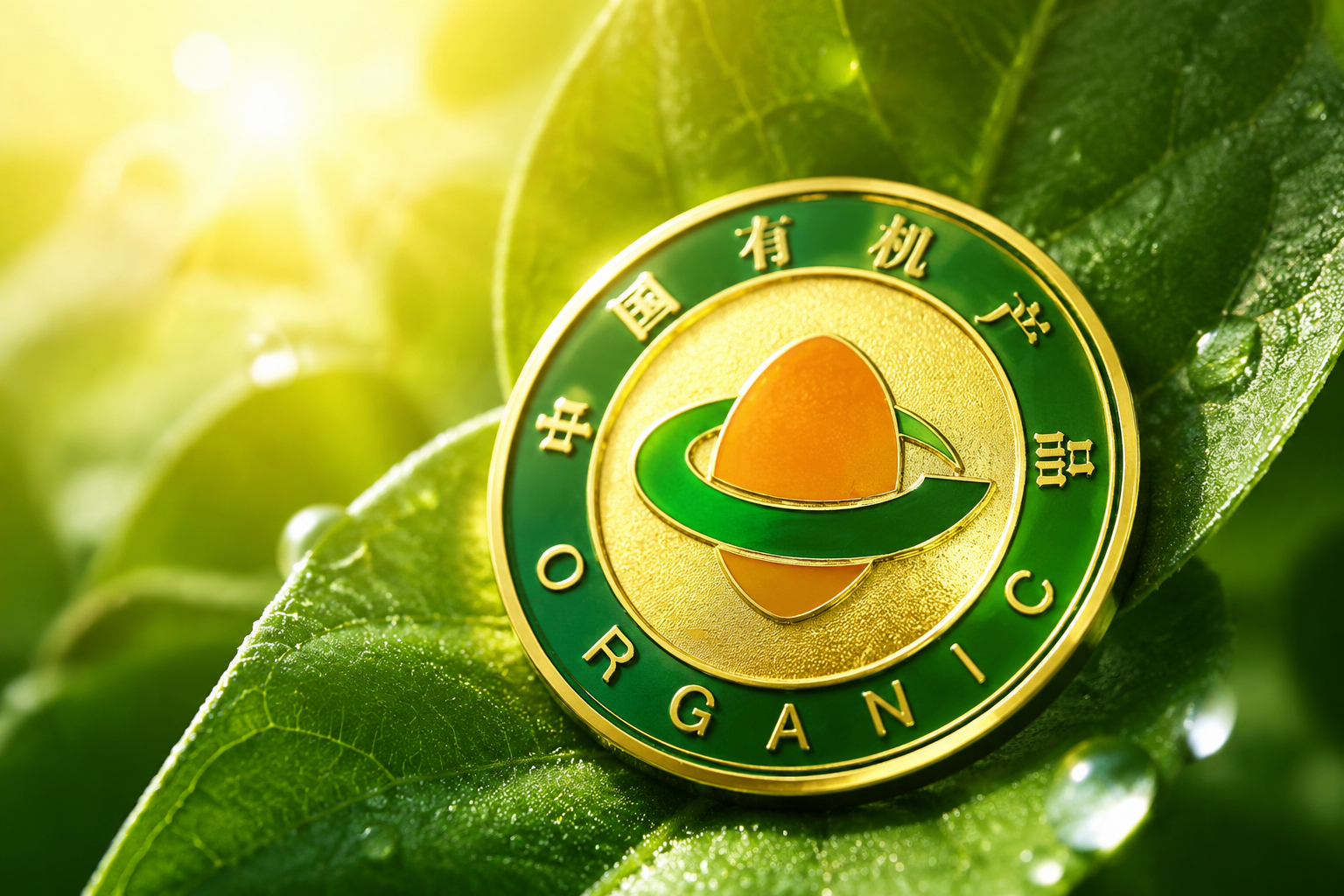 一枚金绿相间的中国有机产品认证标志（COFCC），放置在新鲜的绿色植物叶片上，阳光透过叶片折射出光芒，象征着产品的安全、纯净和严格的农业标准，微距特写，极具质感。