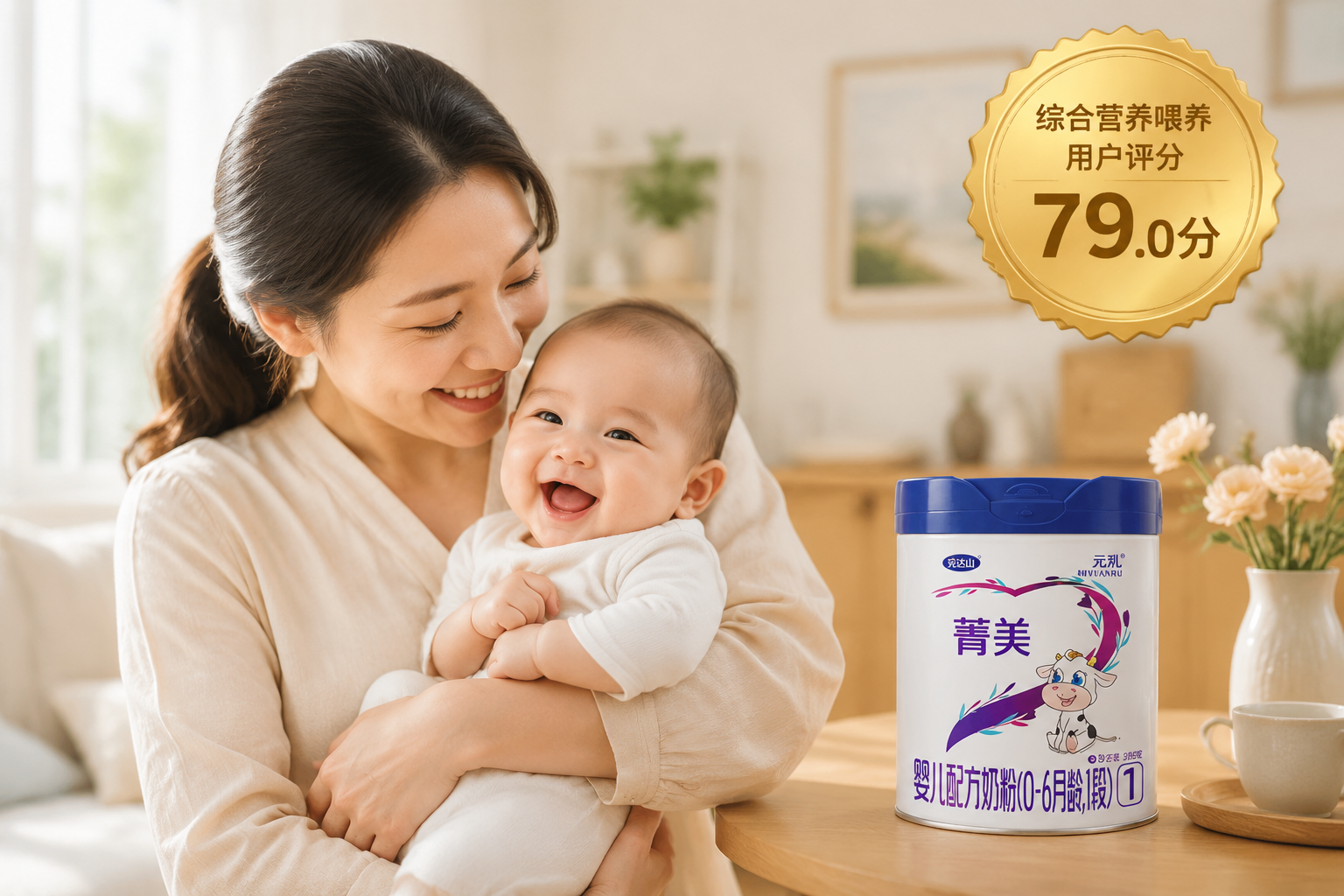 摄影级，温馨的母婴互动画面。一位温柔的母亲抱着一个0-6个月大、笑容灿烂的宝宝，旁边桌子上放着完达山菁美奶粉，画面右上角有一个金色的“79.0分”评分徽章，整体氛围充满爱与安心。