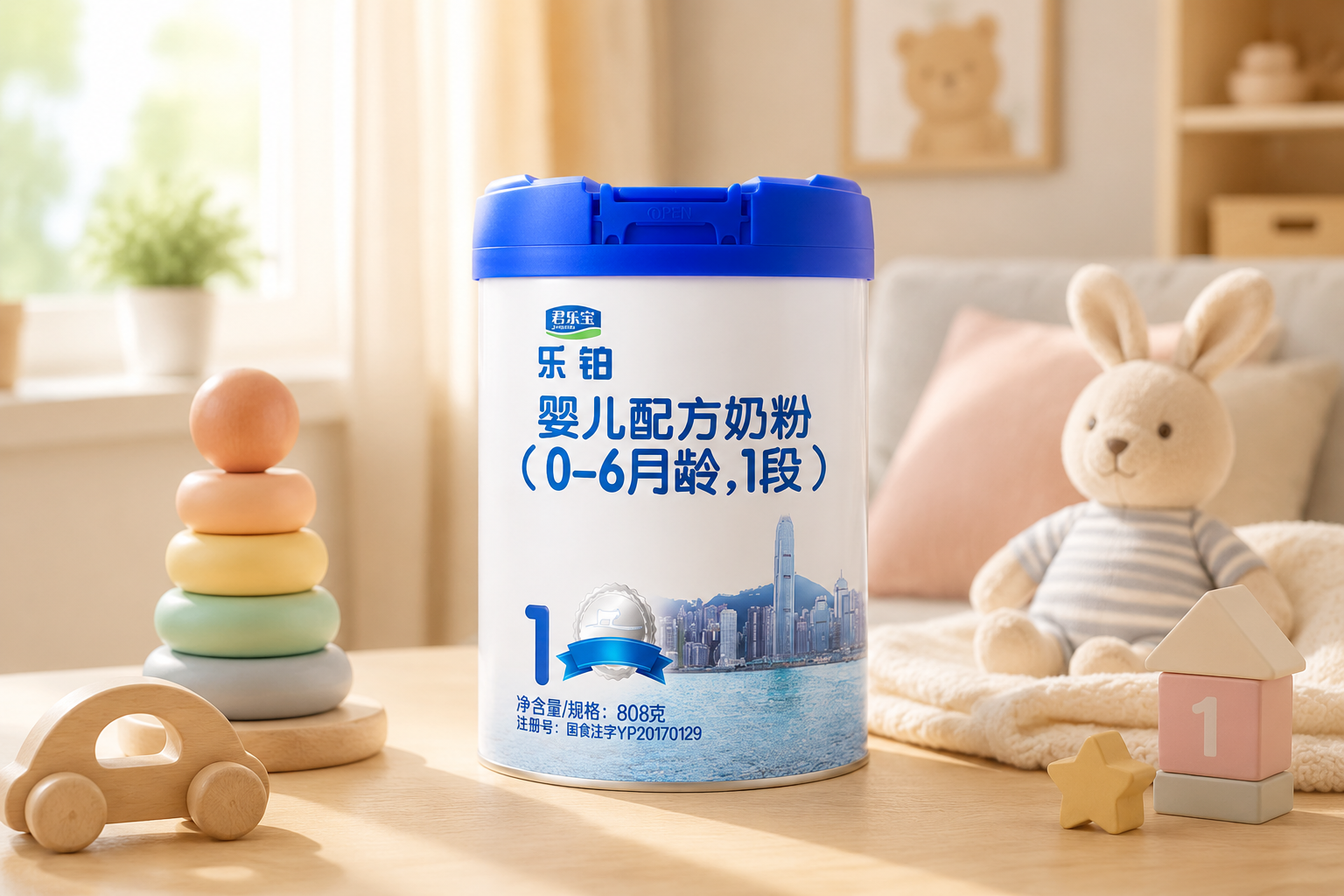 一罐君乐宝乐铂奶粉1段，放置在温馨的母婴房木质桌面上，旁边有可爱的婴儿玩具和温暖的阳光洒下，高清晰度，产品摄影，柔和色调。