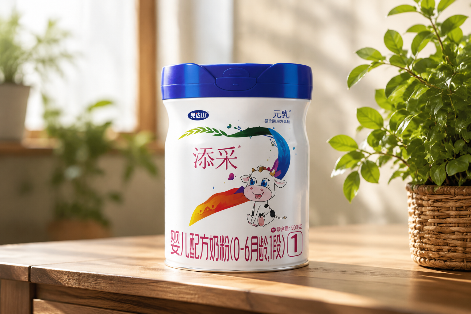 摄影风格，一罐完达山添采奶粉1段放置在温馨的木质桌面上，旁边有绿植和阳光透射进来，专业打光，高分辨率，8k。