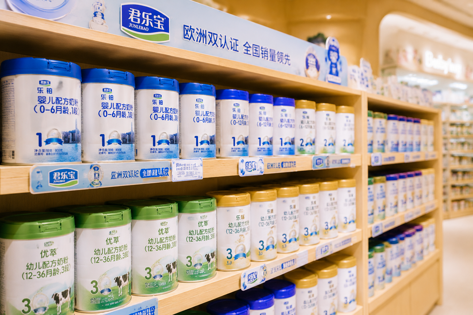 母婴店整齐的木质货架，上面陈列着一排排不同系列和段数的君乐宝奶粉（乐臻、优萃等），灯光明亮，景深效果，展现品牌丰富的产品线。
