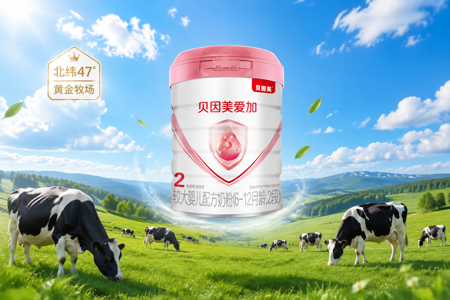 阳光明媚的北纬47度黄金牧场，绿草如茵，健康的黑白花奶牛在悠闲吃草，画面中央漂浮着一罐贝因美爱加奶粉，背景是蓝天白云，展现奶源的纯净与自然。