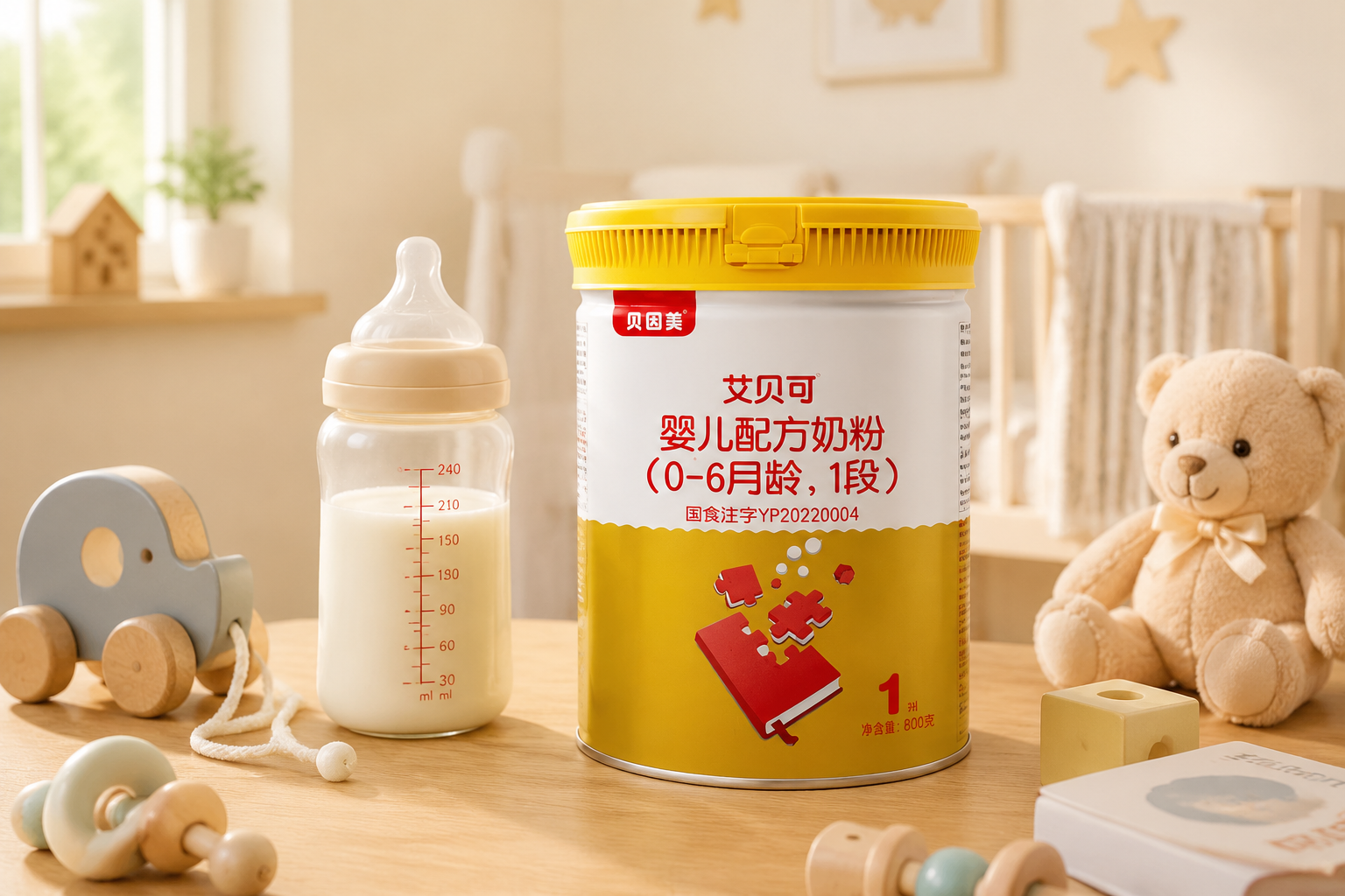 一罐贝因美艾贝可奶粉放在温馨的婴儿房木桌上，旁边有可爱的婴儿玩具和冲泡好的奶瓶，柔和的自然光透过窗户洒进来，专业产品摄影，高分辨率，逼真细节，温馨色调。