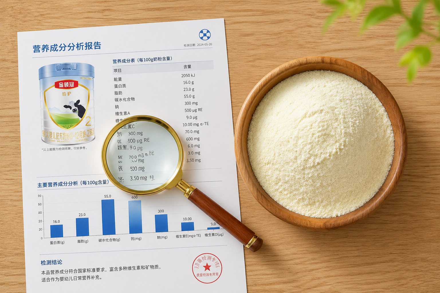 俯視圖，木質(zhì)桌面上放著一個精致的木質(zhì)小碗，里面裝著細(xì)膩的淡黃色奶粉，旁邊放置著一個放大鏡和一份高級的營養(yǎng)成分?jǐn)?shù)據(jù)表（帶條形圖和數(shù)據(jù)），畫面具有科研測評的嚴(yán)謹(jǐn)氛圍，光線柔和，色彩自然，高清晰度。
