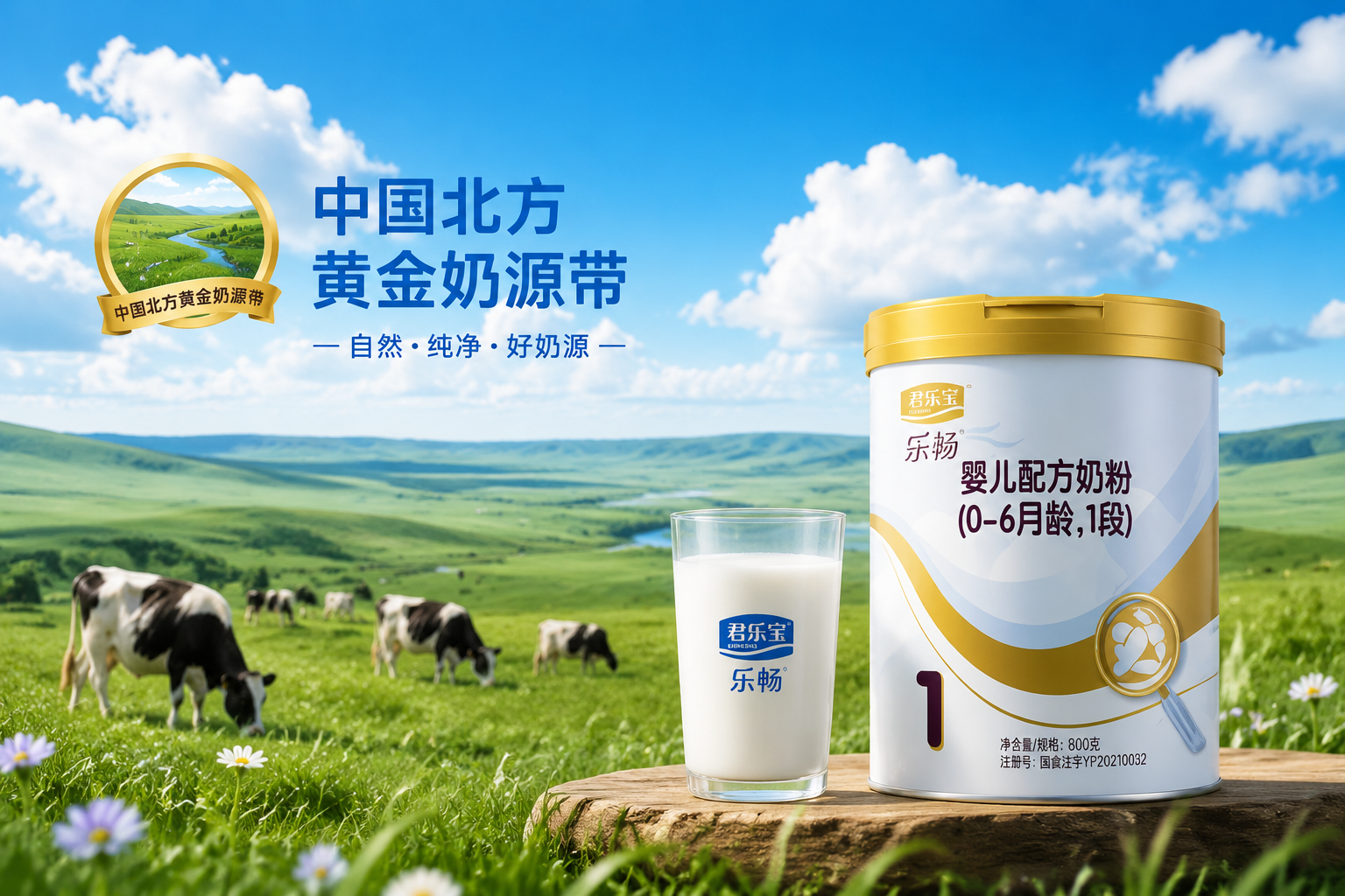 广阔的中国北方黄金奶源带草原风景，蓝天白云下有黑白相间的奶牛在吃草，前景是一杯纯净的牛奶和一罐君乐宝乐畅奶粉，画面清新自然，强调奶源产地。