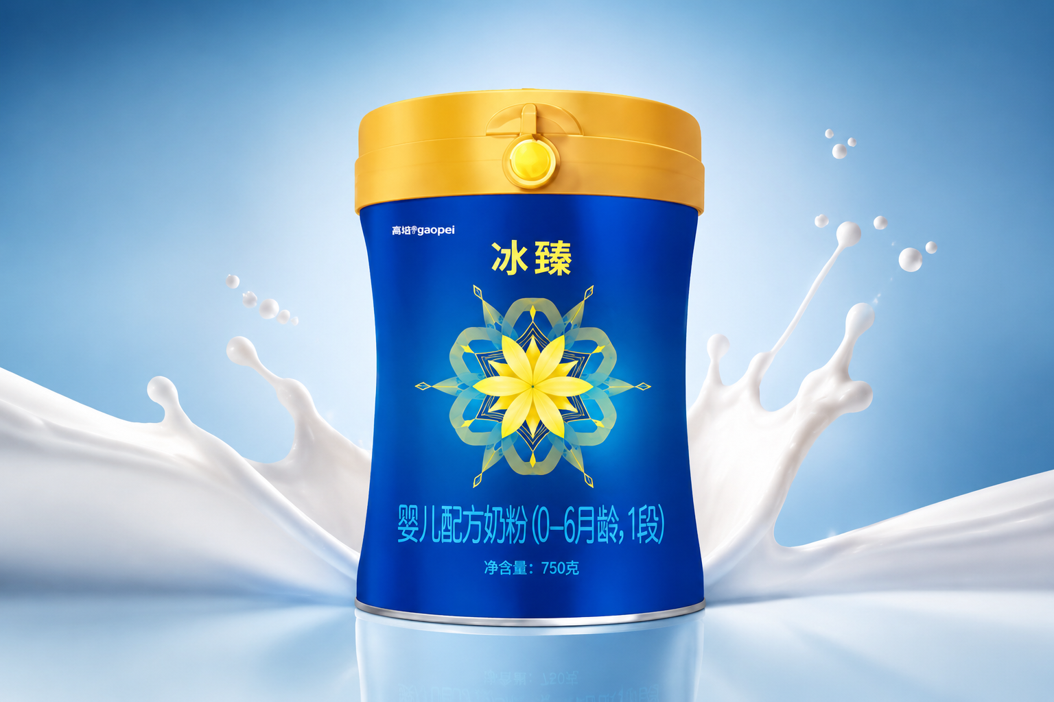 一罐高培冰臻奶粉放置在专业的摄影棚灯光下，背景是高级的淡蓝色渐变，旁边点缀着几滴纯净的牛奶飞溅效果，画面清晰，8k分辨率，逼真，商业产品摄影风格。