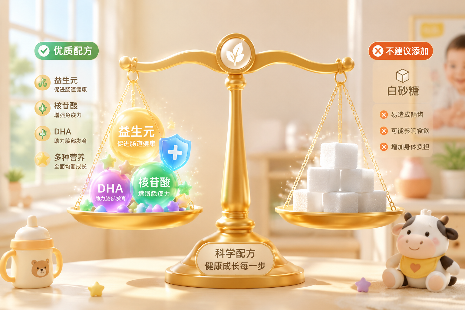 3D治愈系渲染風(fēng)格，一個金色的天平，左邊托盤放著閃閃發(fā)光的營養(yǎng)元素圖標(biāo)（代表益生元、核苷酸等），右邊托盤放著幾顆顯眼的白砂糖立方體，強調(diào)配方優(yōu)缺點的對比，色彩柔和，母嬰健康主題。