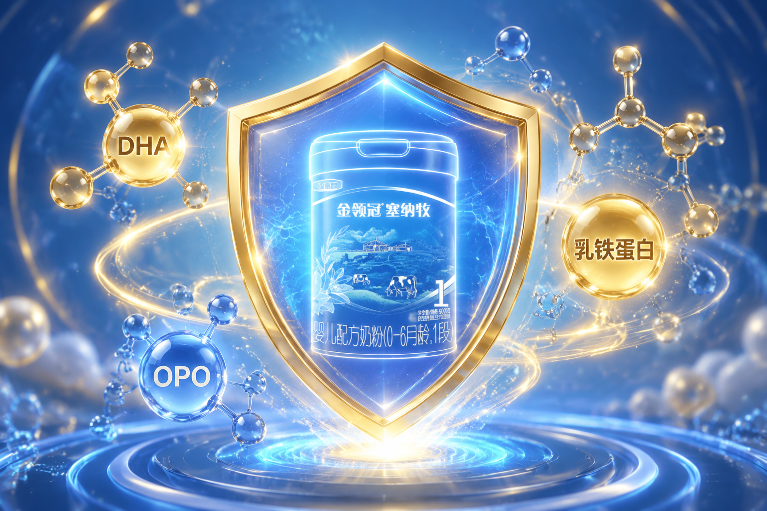 3D渲染图，充满科技感的分子结构（代表DHA、OPO、乳铁蛋白等营养素）环绕着一个发光的盾牌，盾牌中心是奶粉罐的剪影，象征着全面营养和免疫保护，梦幻般的蓝金色调。