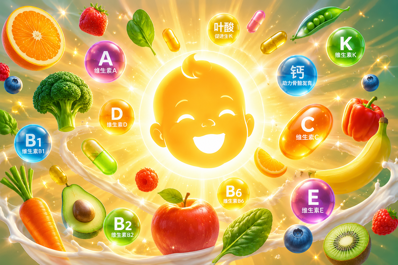丰富的维生素概念图，色彩缤纷的水果、蔬菜和发光的维生素胶囊悬浮在空中，光芒四射，画面中央是一个健康快乐的婴儿笑脸剪影，充满生命力与活力。