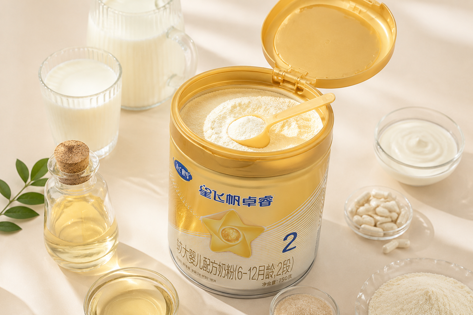 俯拍視角，四周環(huán)繞著新鮮的生牛奶杯、植物油、益生菌膠囊等原材料，中間是打開(kāi)蓋子的飛鶴奶粉，粉質(zhì)細(xì)膩，色調(diào)溫暖干凈，展現(xiàn)配料的透明與純凈，ins風(fēng)靜物攝影。