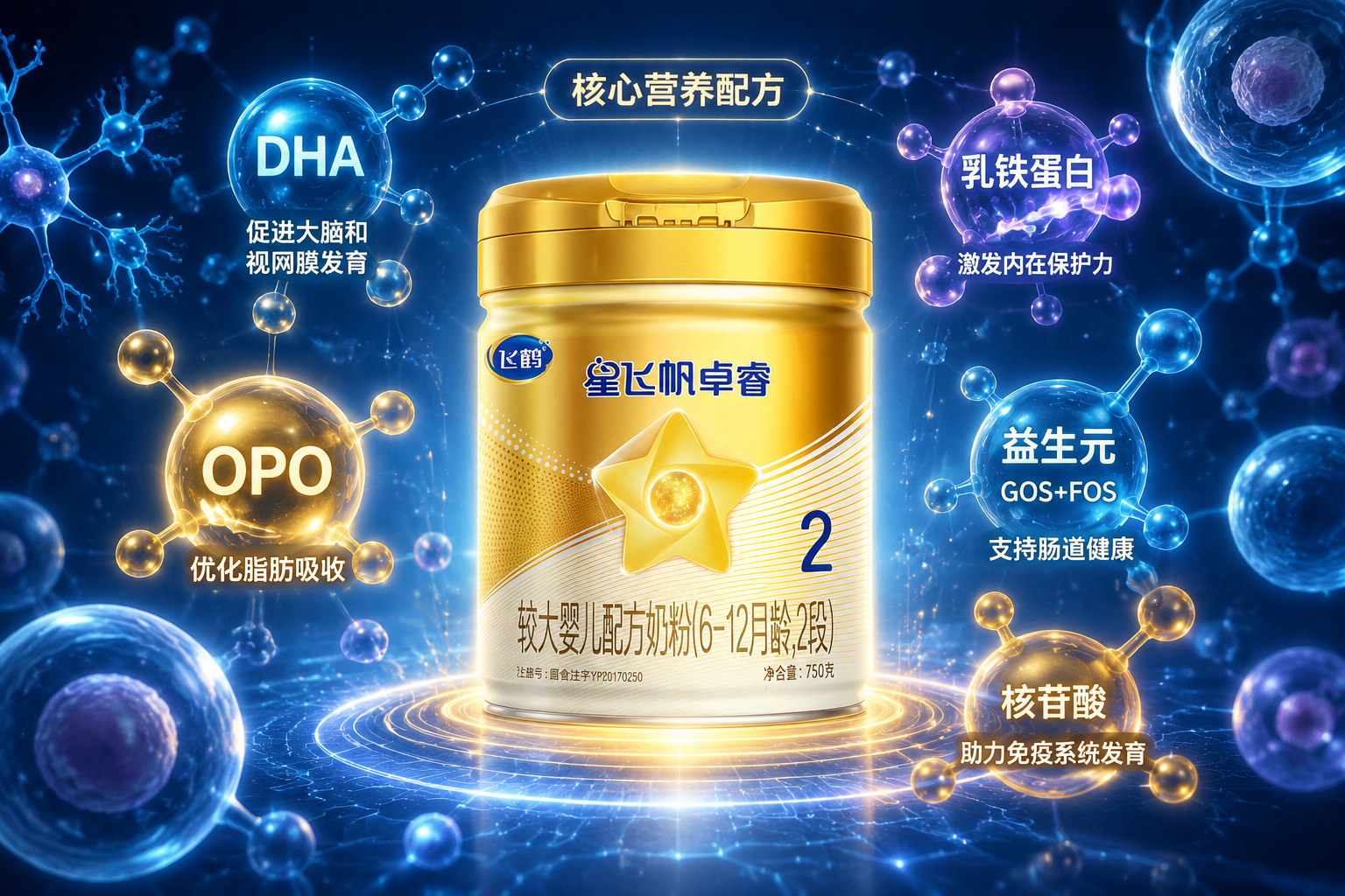 充滿科技感的3D微觀細(xì)胞圖，漂浮著發(fā)光的DHA、OPO、乳鐵蛋白等分子結(jié)構(gòu)，背景為深藍(lán)色，中心有一罐飛鶴奶粉散發(fā)著柔和的光芒，展現(xiàn)強(qiáng)大的核心營(yíng)養(yǎng)配方，未來(lái)感，高清晰。